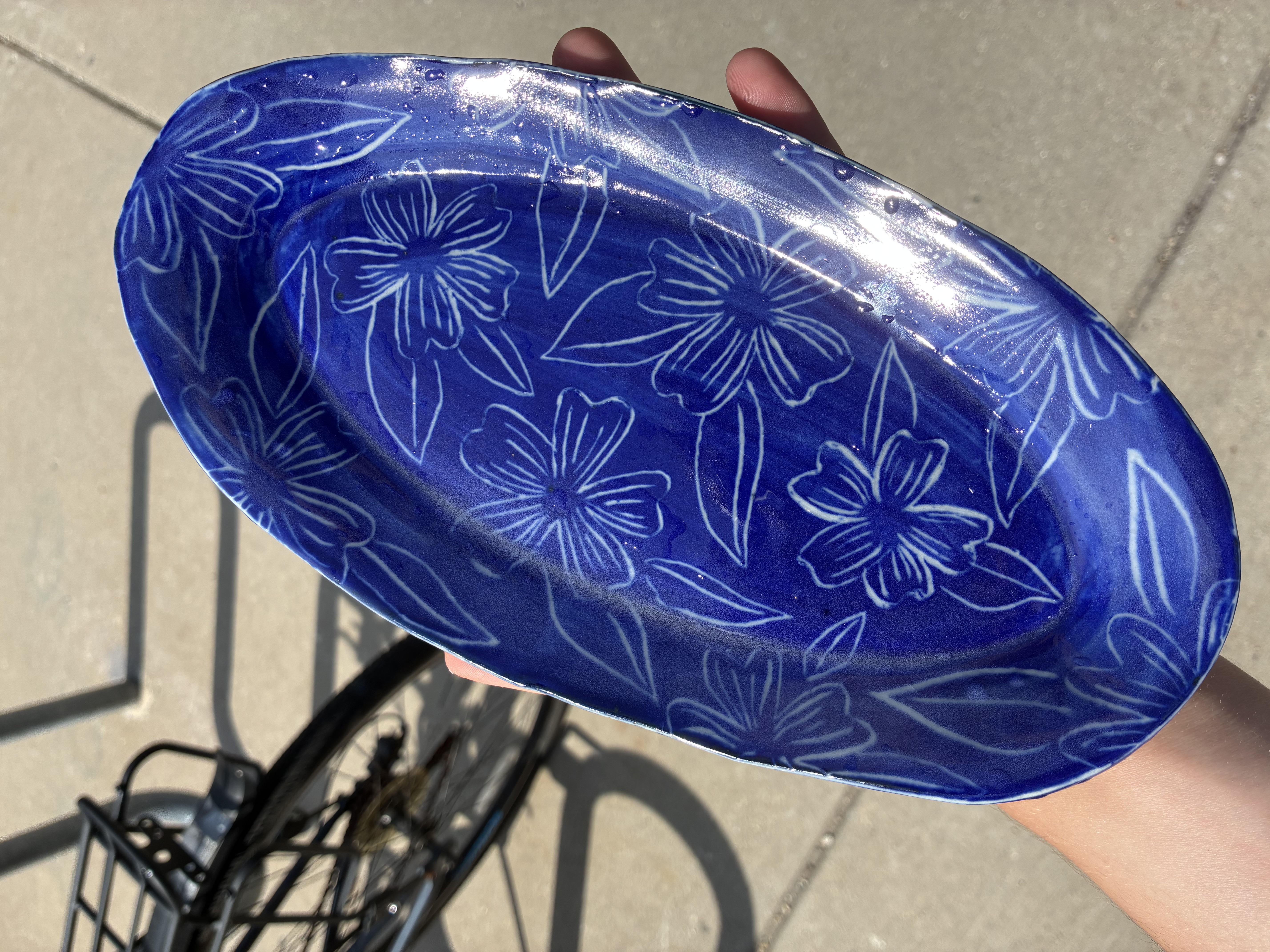 Handbuilt ceramic plate made with sgraffito technique